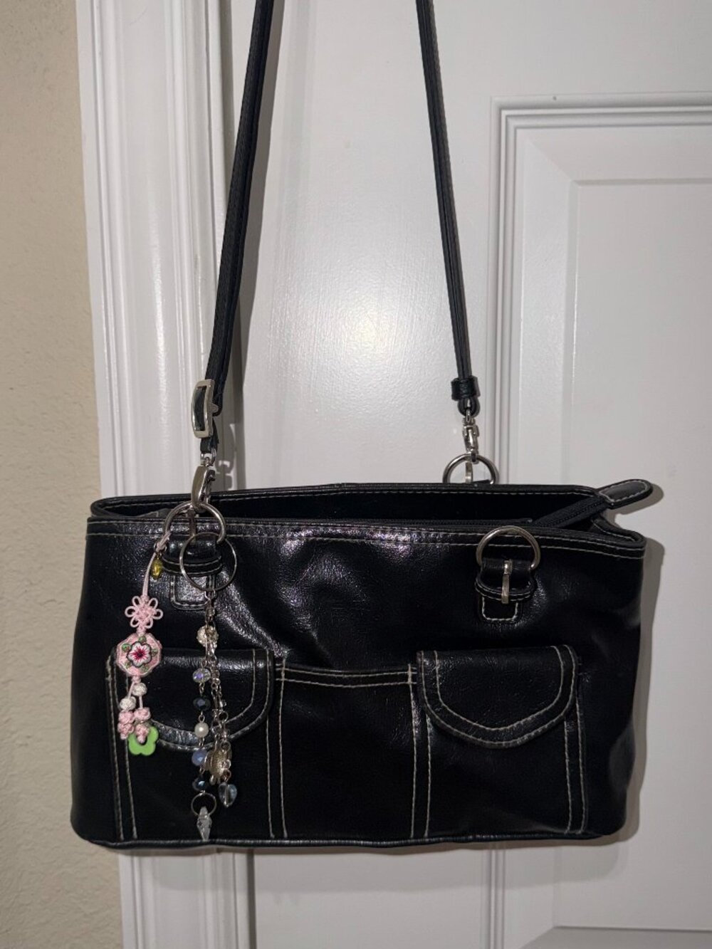 St. John's Bay Black Multi-Pocket Satchel Shoulder Bag - Contrast Stitch